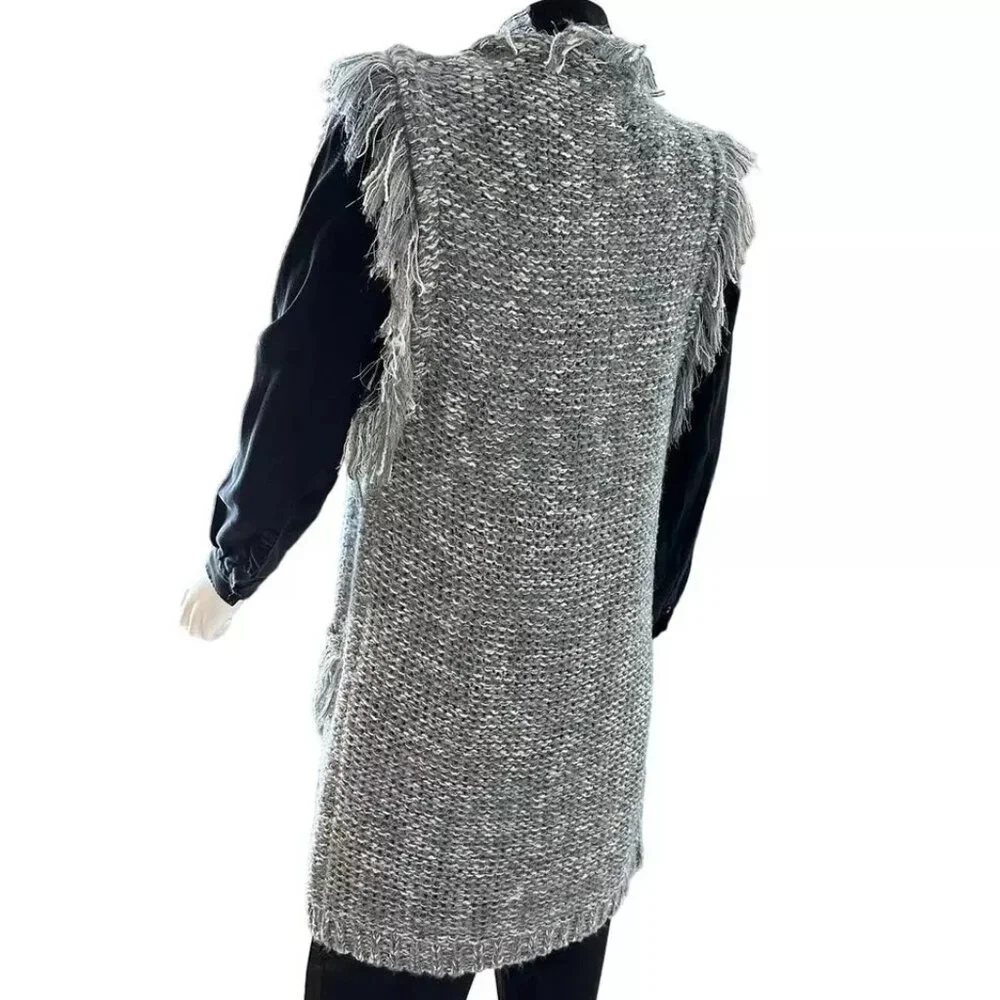 Women's Cable Knit Fringe Maxi Sweater Vest Gray White Silver S/M L/XL